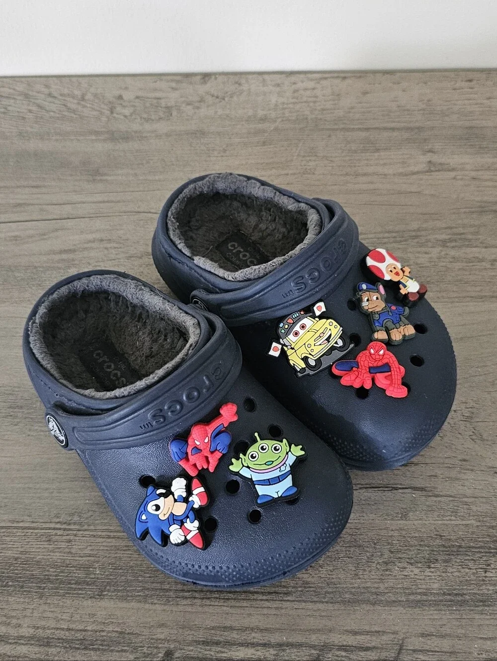 Crocs Kids Blue Plush Lined Clogs Toddler Boy 7 Mario Spiderman Cars Paw patrol